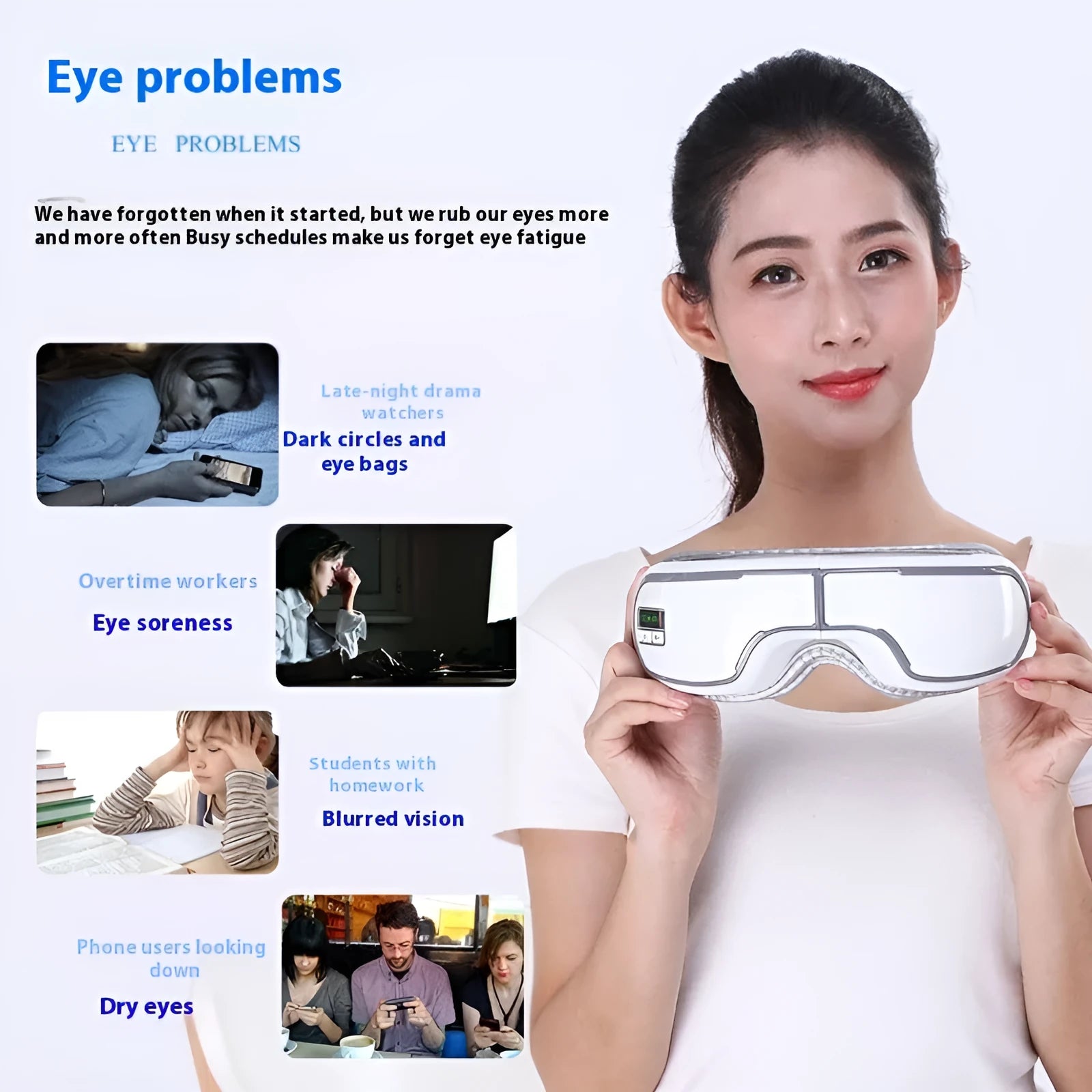 Smart Bluetooth eye massager with black finish and cushion pad for eye relaxation
