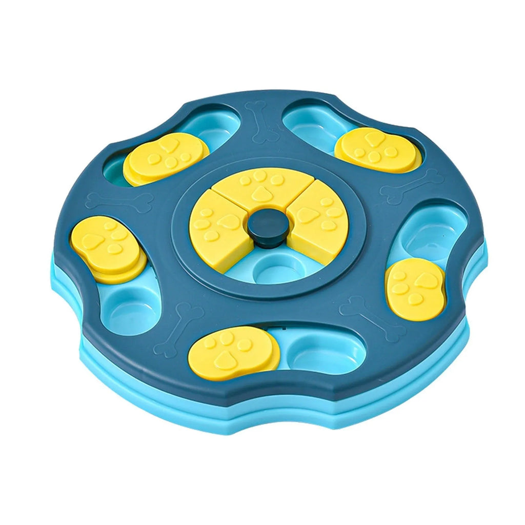 Blue dog puzzle feeder toy with sliding panels for food, measuring 24x24 cm