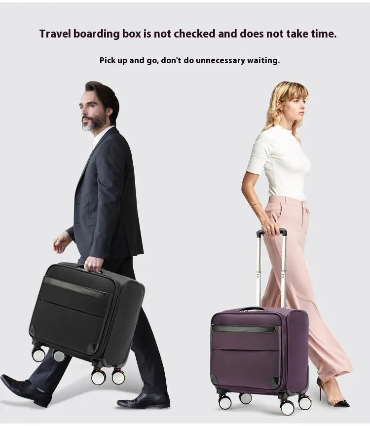 Black 18-inch Oxford cloth carry-on suitcase with a retractable handle and universal wheels.