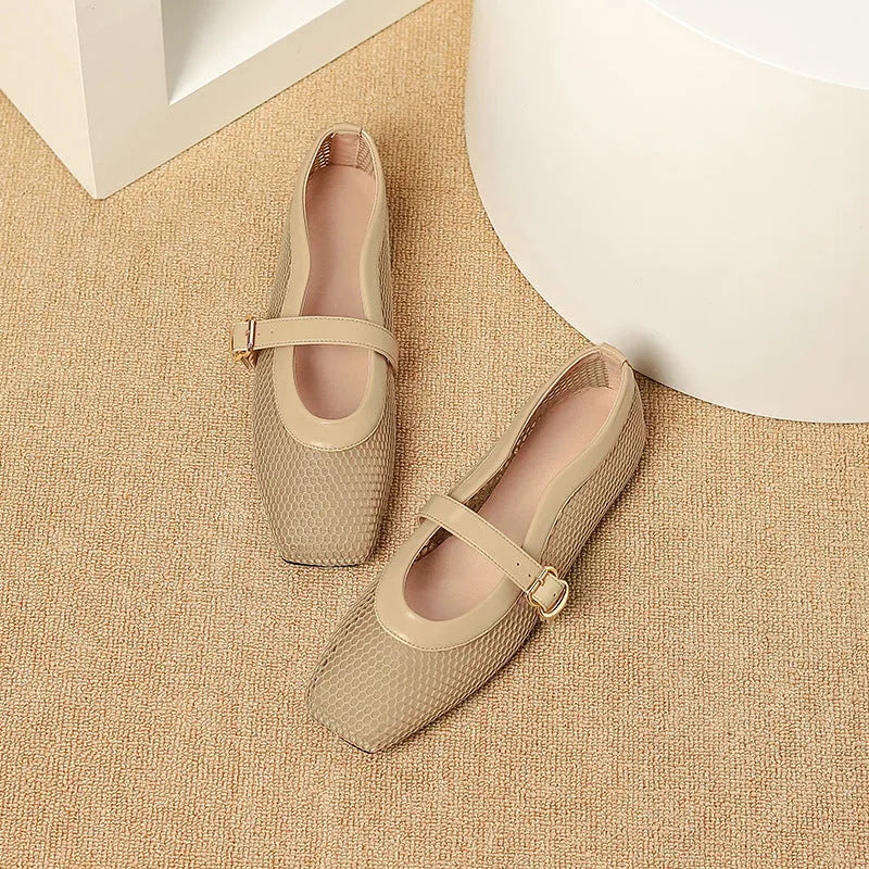 Women's beige mesh summer shoes with square toe, buckle closure, and low flat heel.
