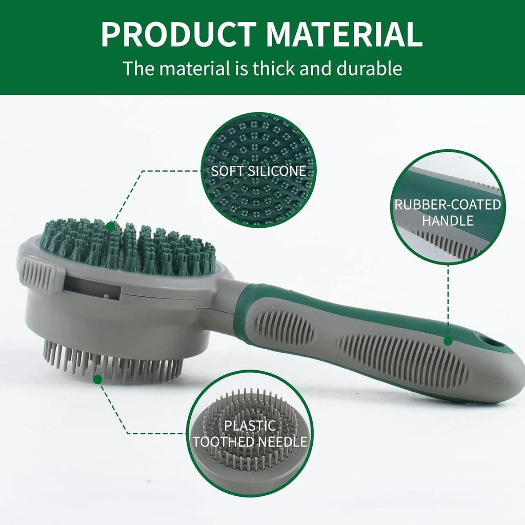 Two-sided silicone pet grooming brush with retractable slicker brush and octopus-teeth massager