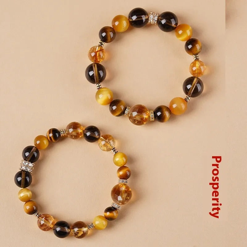 Lucky Jinba Tiger-eye crystal bracelet in natural yellow tower geometry design, shown in 10mm and 12mm sizes.