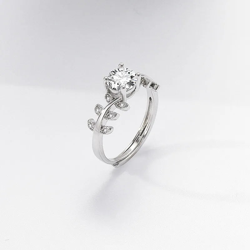 Women's adjustable copper ring leaf shape white gold colour 1 carat high-sensitivity stone index finger