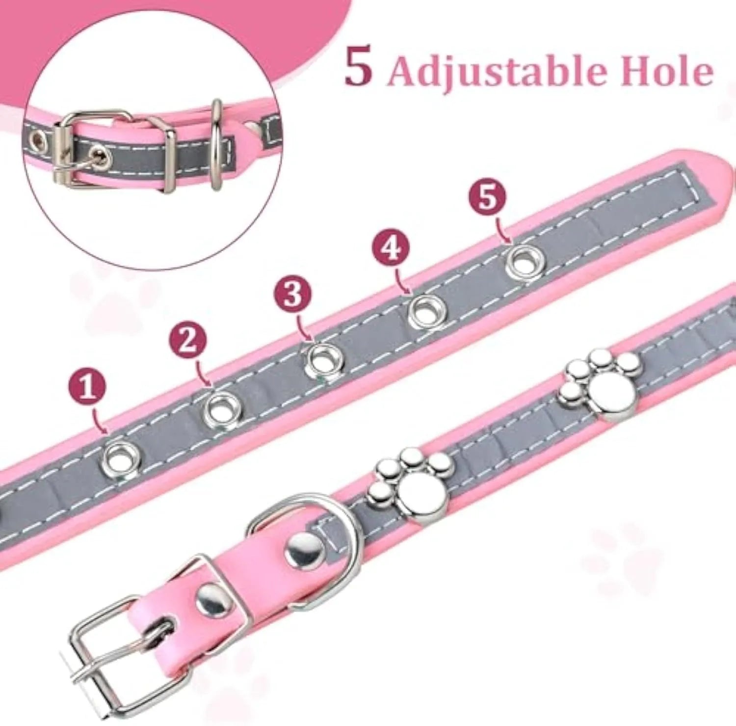 Reflective adjustable dog collar made of brown PU leather with metal paw print rivets and buckle.
