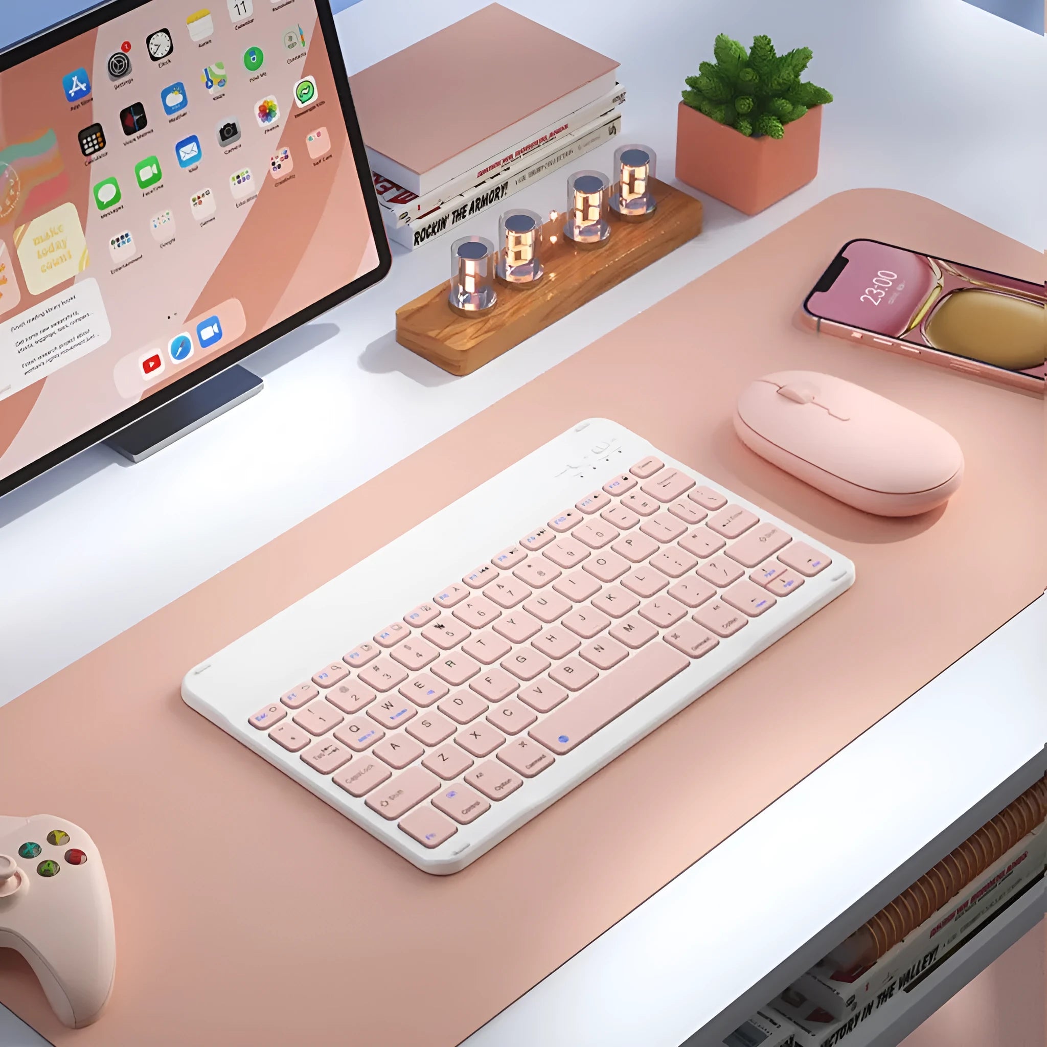Wireless Bluetooth keyboard and matching rechargeable mouse in Elegant Pink colour
