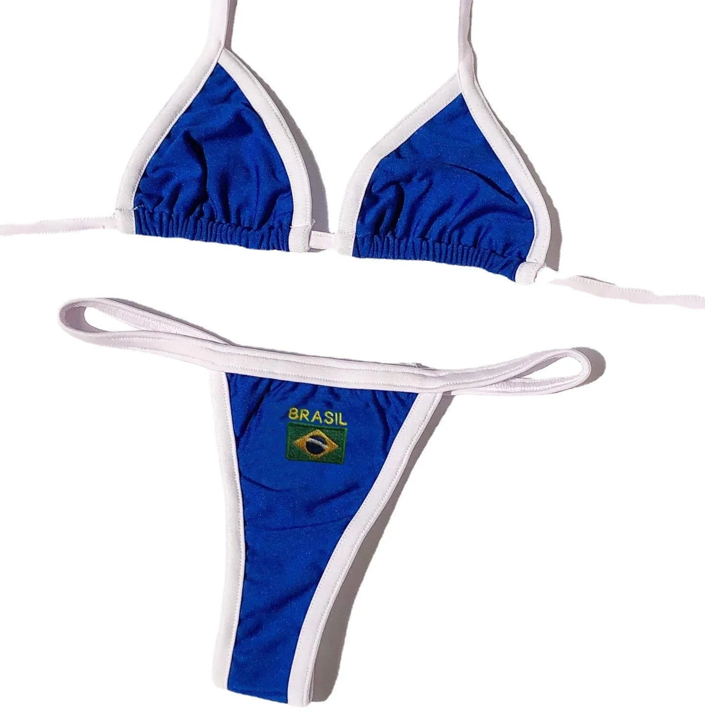 Yellow women's bikini set with T-back bra and shorts-length pants on a mannequin.