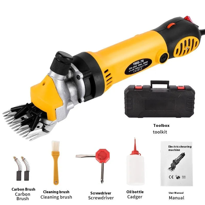 Yellow-handled electric wool shears with plug, multiple metal blades, and maintenance tools laid out beside a plastic storage box.