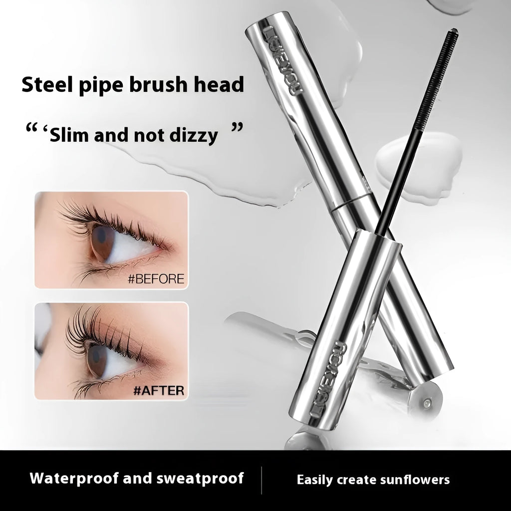 Waterproof black and brown steel tube mascara with optional eyelash curler accessory.