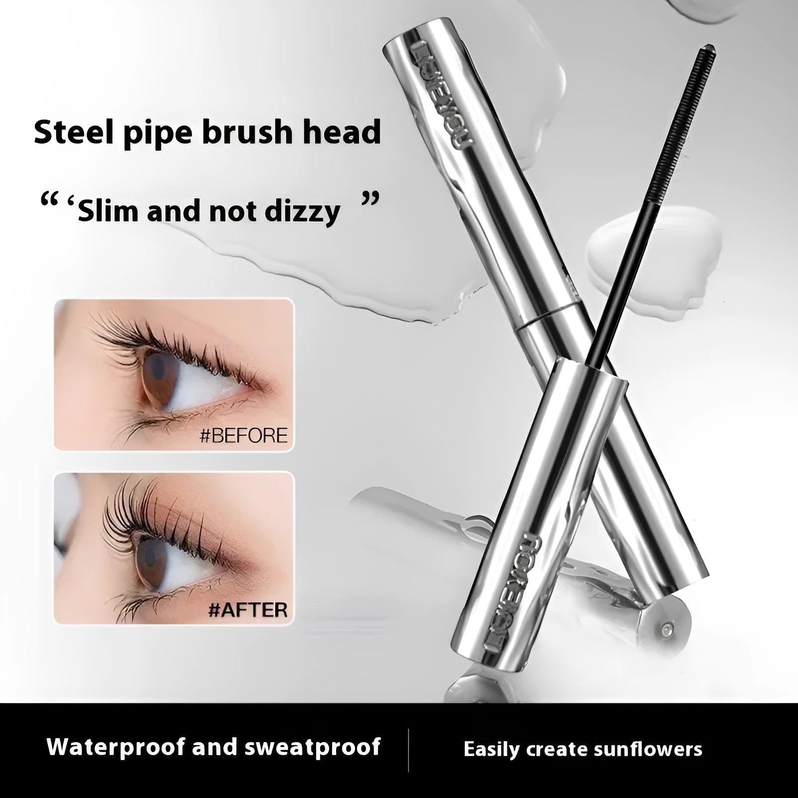 Waterproof black and brown steel tube mascara with optional eyelash curler accessory.