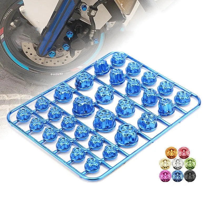 Set of 30 coloured ABS plastic screw caps for motorcycle engine bolt head protection.