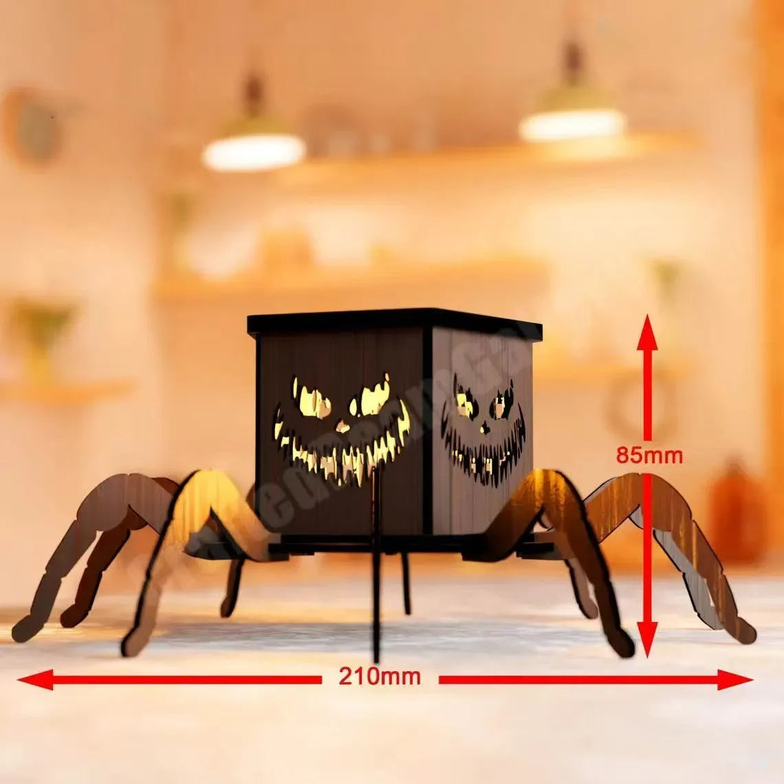Wooden spider lantern Halloween candlestick decoration measuring 21cm by 8.5cm