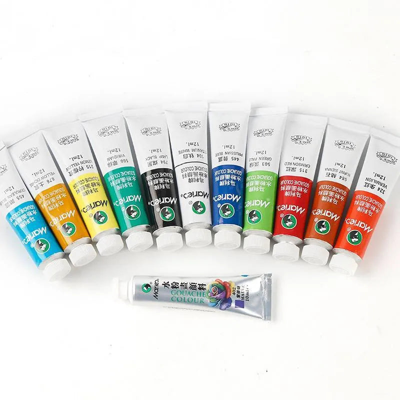 Box of gouache paint tubes in 12, 18, or 24 colour sets with 5ml or 12ml sizes.