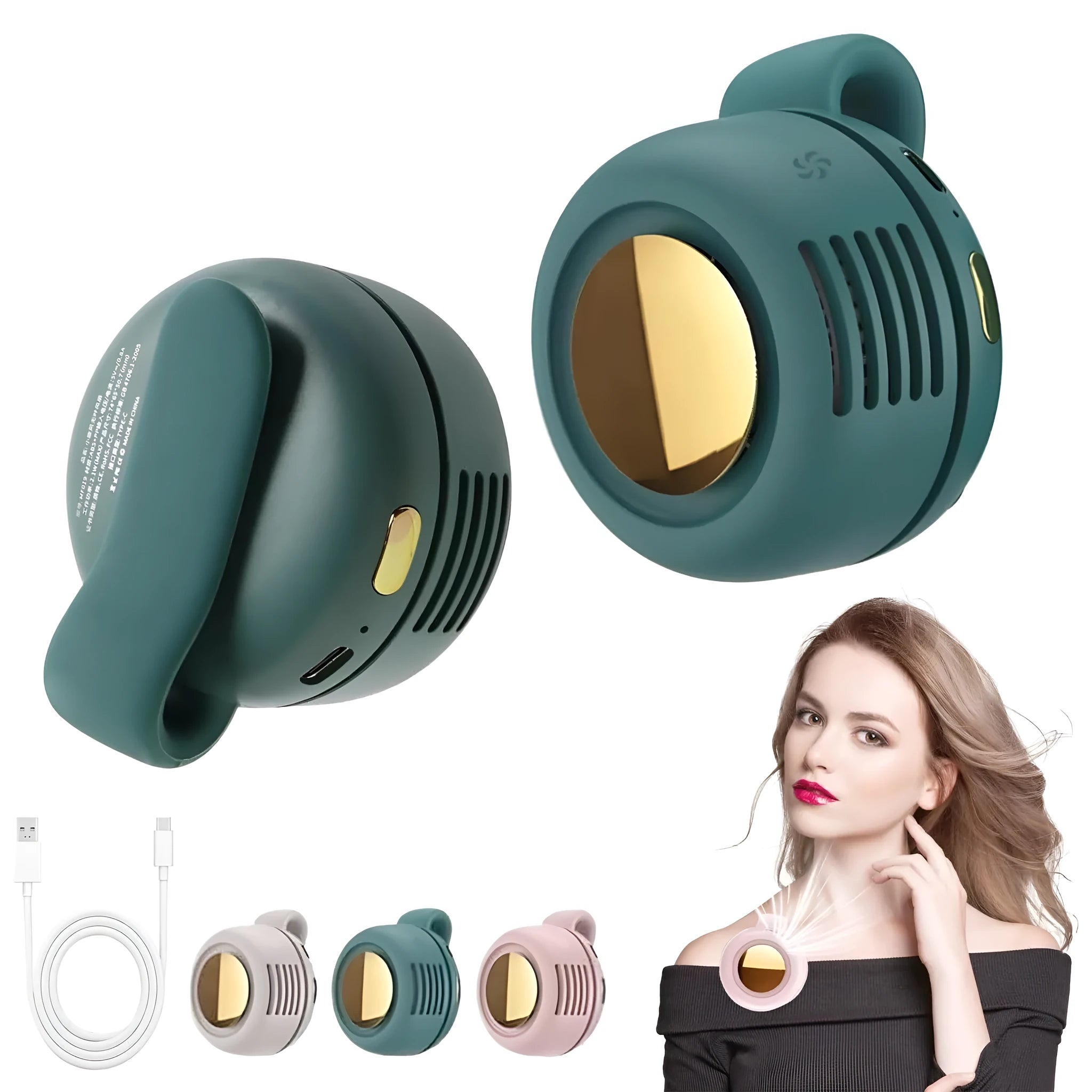 Mini clip fan with flexible clip, 900mAh USB charging, three speed settings in green