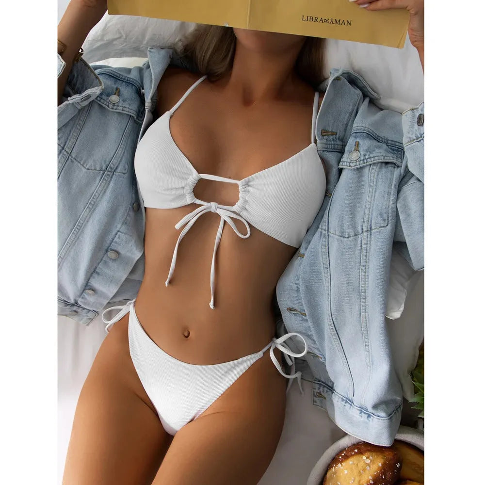Women's solid colour drawstring bikini swimsuit in quick-dry nylon fabric