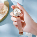 Women's fashion watch with rose gold case and mesh strap in six colour variations