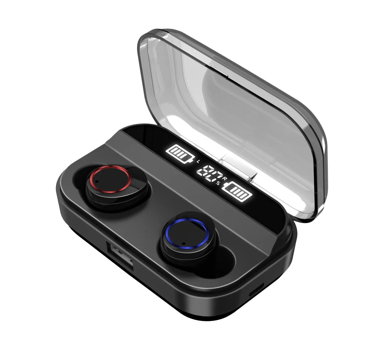 X11 Bluetooth wireless earphones in black with charging case and earpiece sleeves