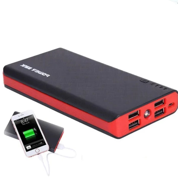 20000mAh portable power bank in five colour options showing its compact size.