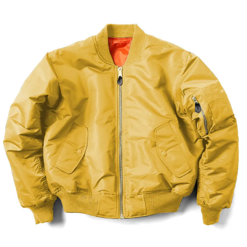 Men's loose fit nylon pilot jacket in army green, shown with cotton padding and double-sided wear-resistant construction.