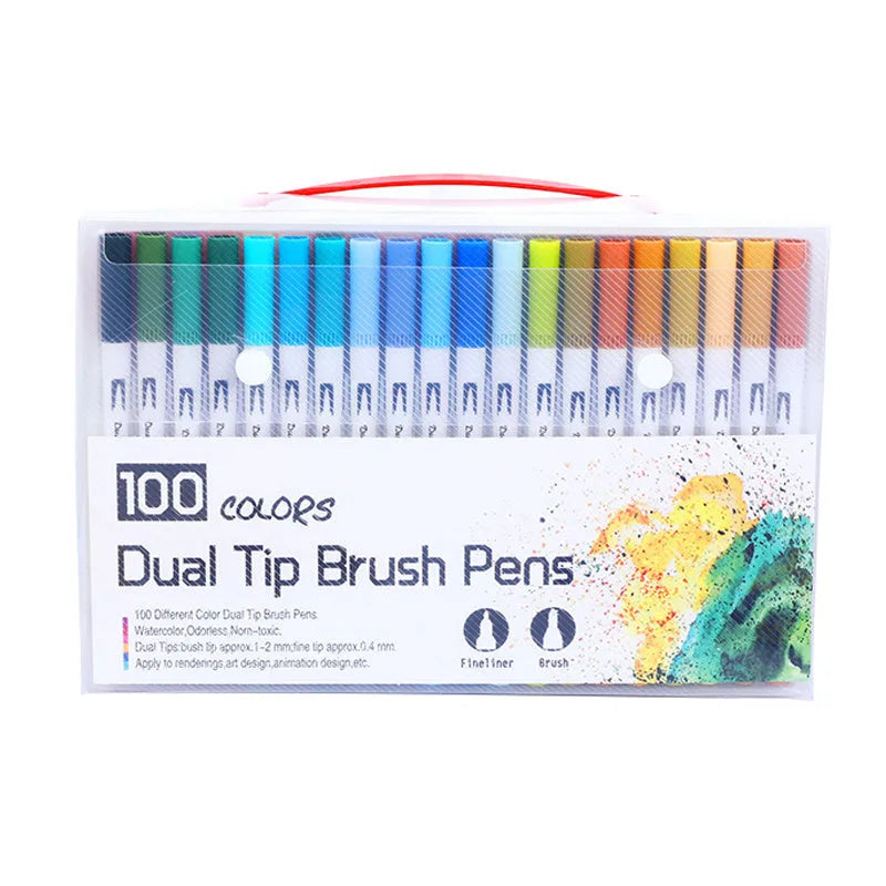 Set of watercolour brush pens with nylon tips in a case, showing multiple colours for illustration and calligraphy.
