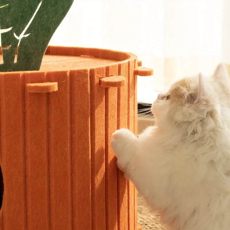 Carrot-orange semi-enclosed felt cat tunnel nest for play and sleeping.