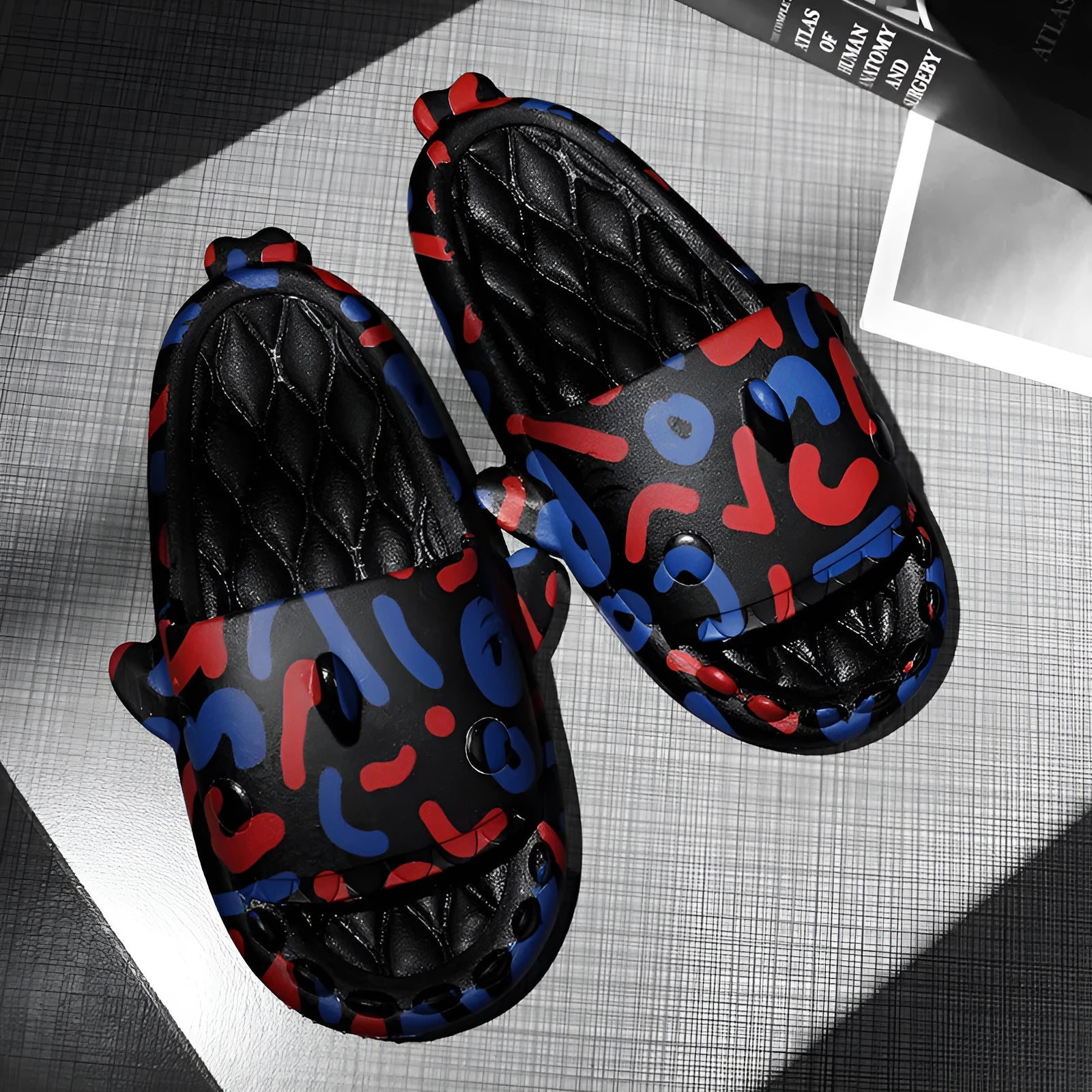 EVA home slippers with shark design in open toe style available in multiple colours