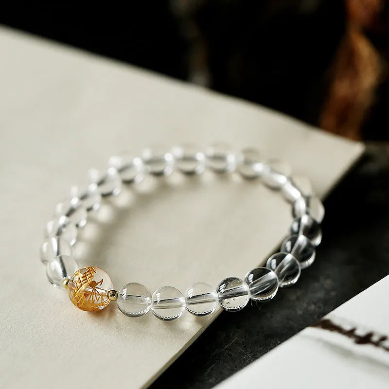 Geometric obsidian black agate white crystal bracelet with 10mm and 8mm beads for 14-16cm wrists