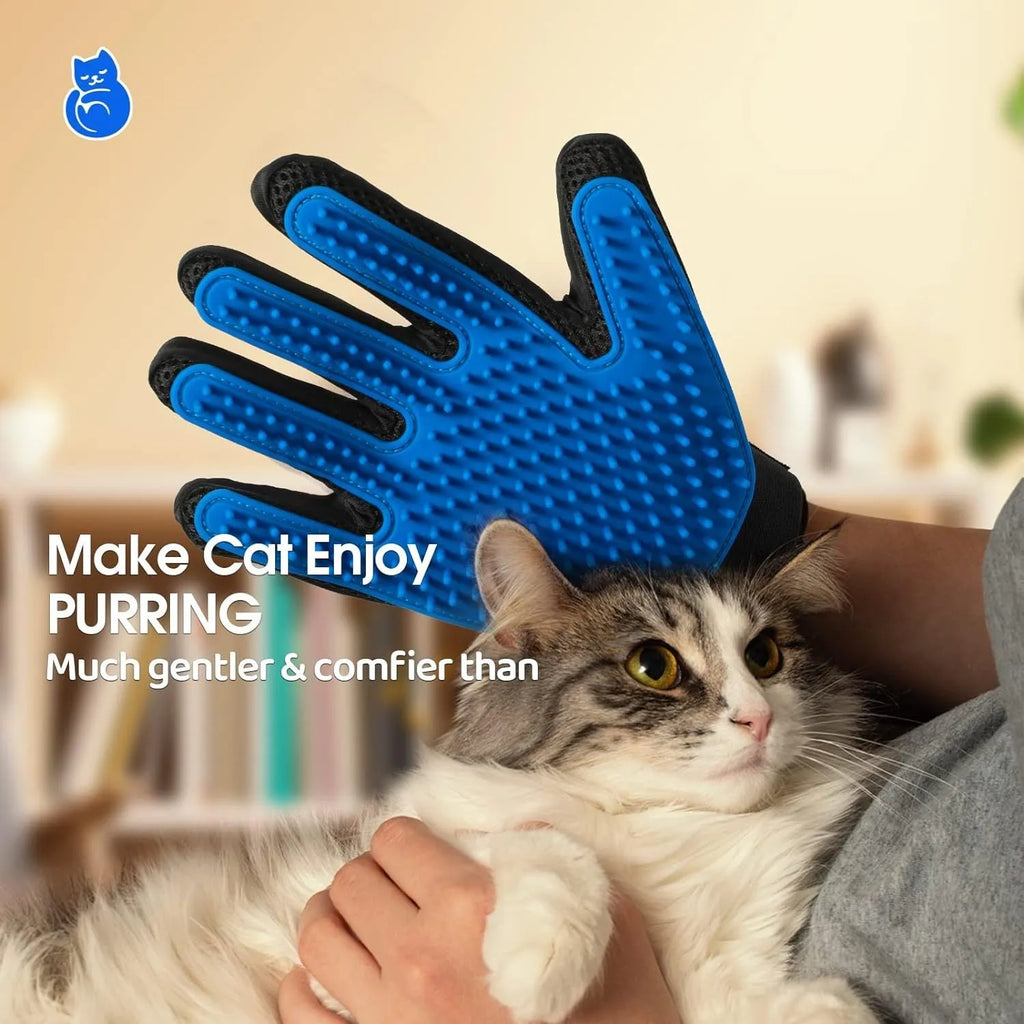 Blue pet grooming gloves with silicone tips for dog washing and cat hair removal
