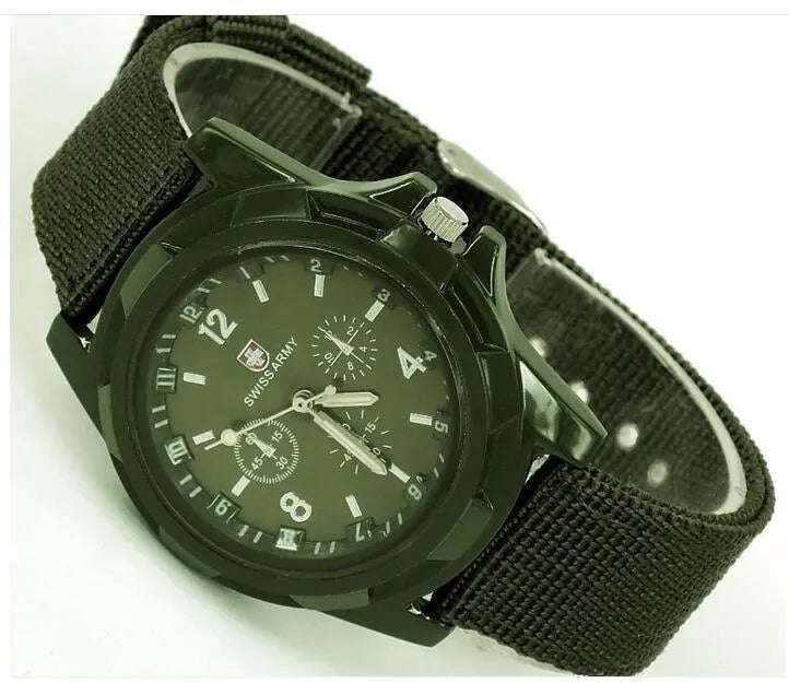 Cloth belt weaving military watch with quartz movement 40.5mm round dial and textile strap on display