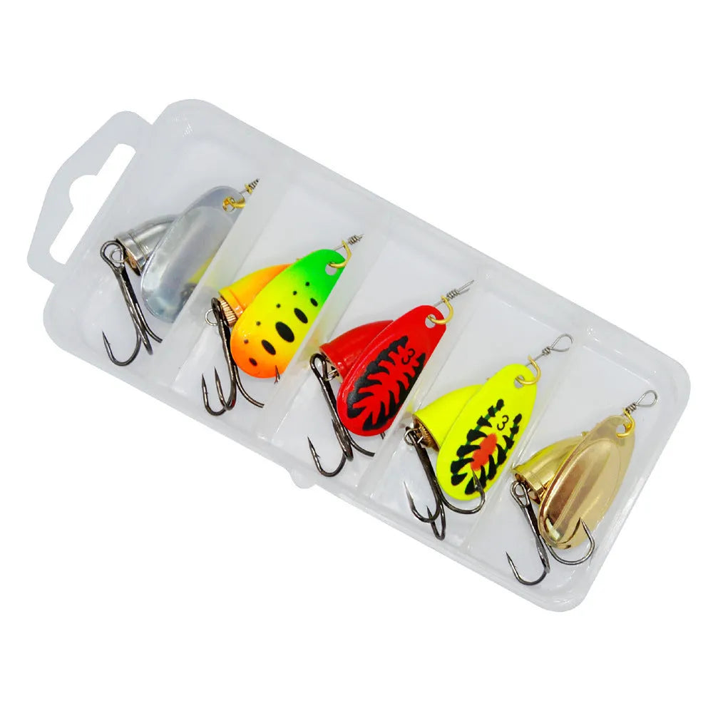 Metal fishing lure with rotating sequins and copper bell in multiple colour options including yellow green and gold mesh