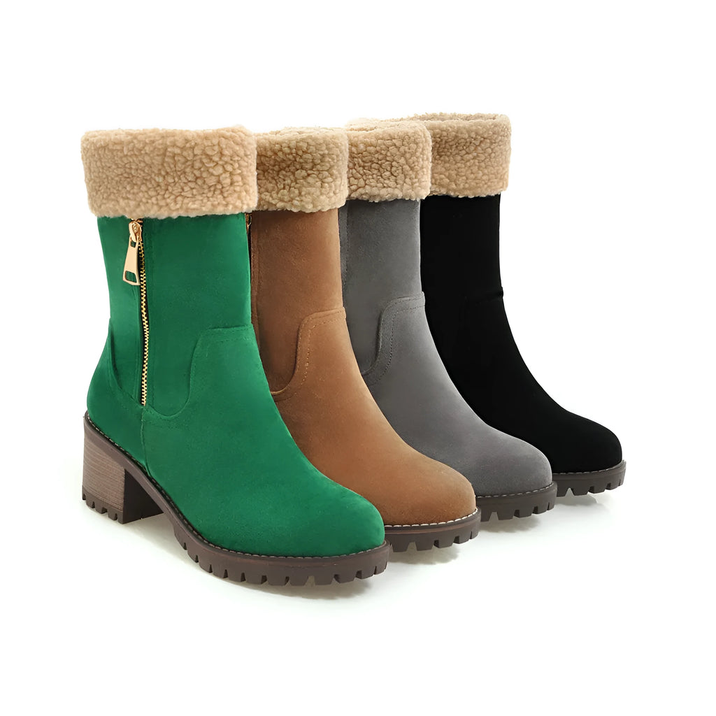 Snow boots with rubber sole and plush lining in black, grey, green, or orange colour options.