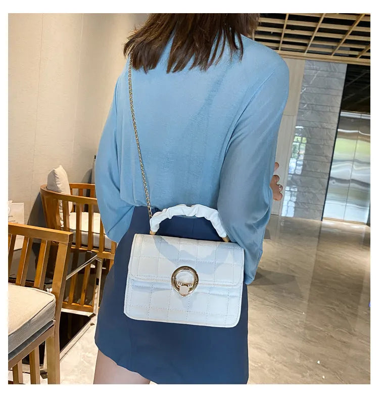 Small square PU messenger bag with embroidery thread detail, solid colour, crossbody style