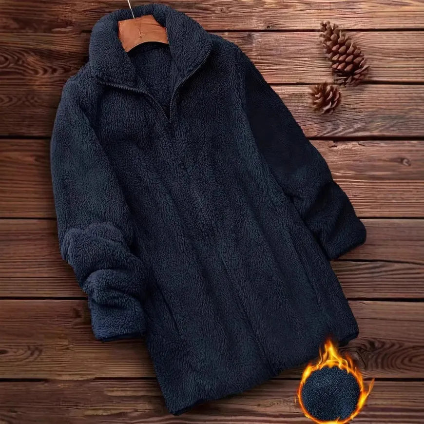 Double-sided velvet fleece coat in black, navy blue and khaki colour options showing soft texture and practical outdoor design