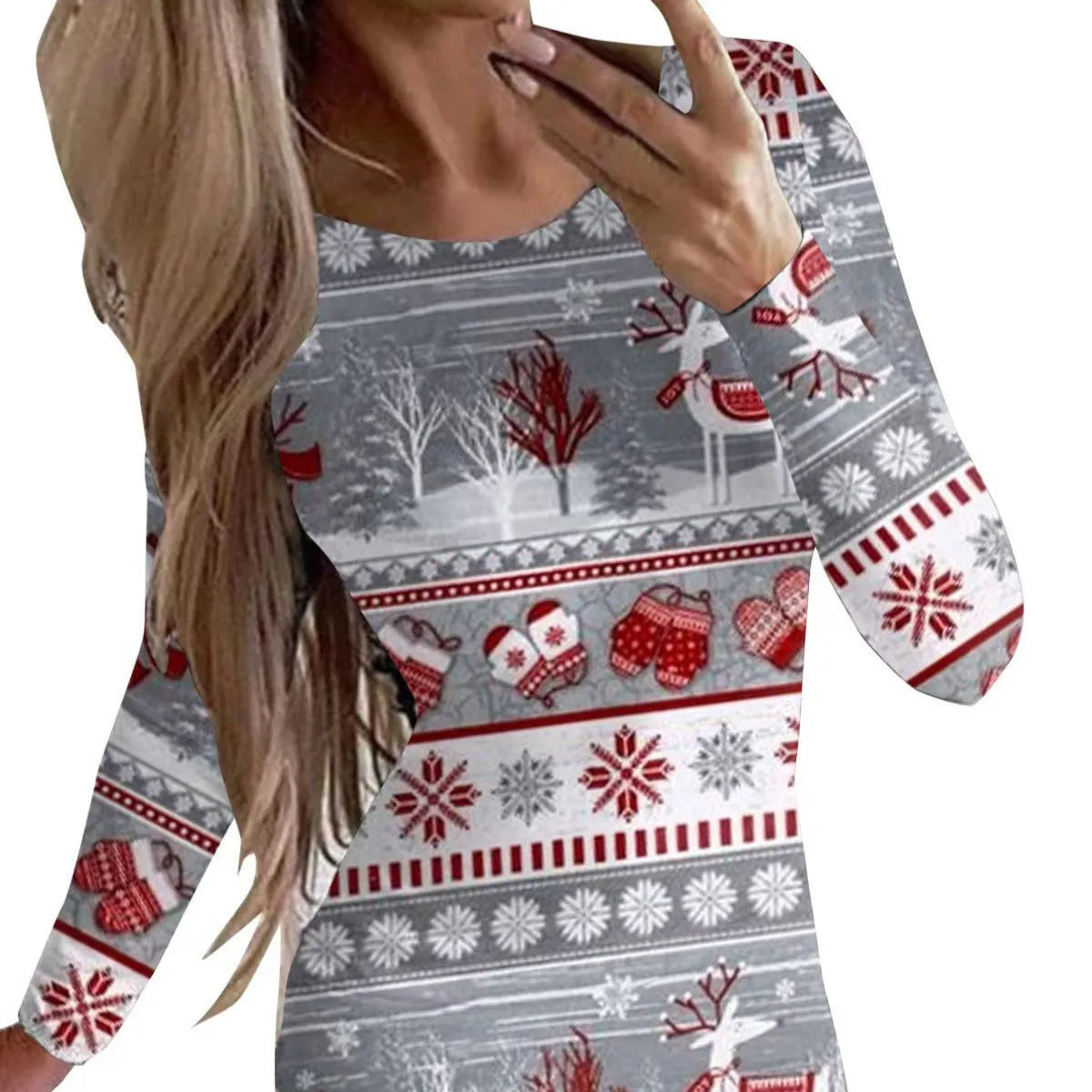 Women's printed Christmas dress with animal pattern design and floral colours in fitted hip skirt style
