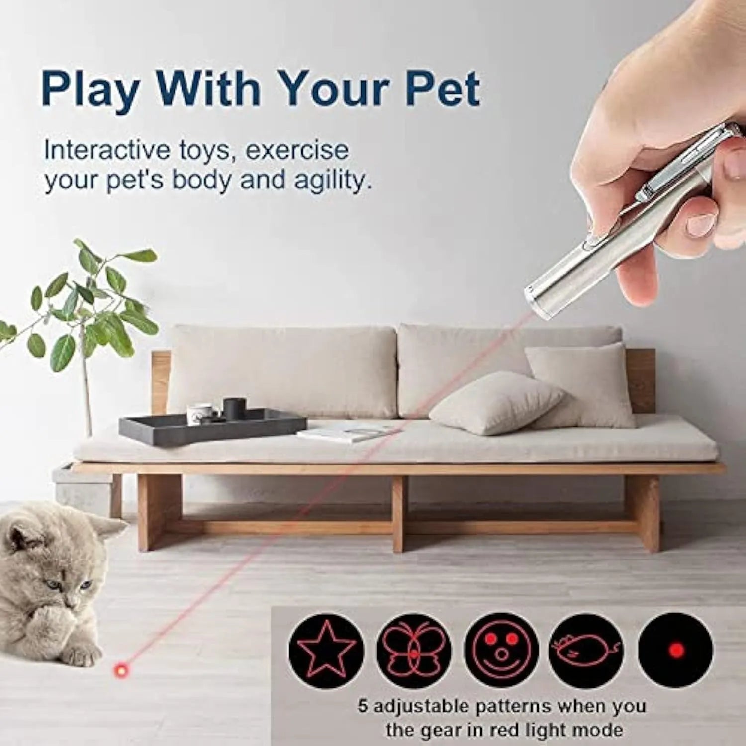 Silver aluminum cat laser toy pointer with gear controls and metal clip