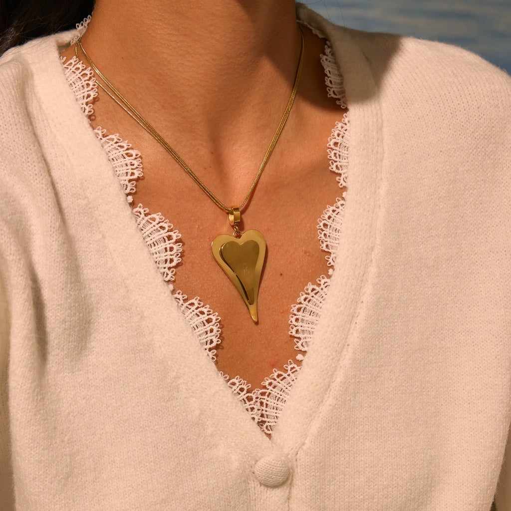 Double heart snake bones chain stainless steel necklace with geometric design in gold or steel colour options