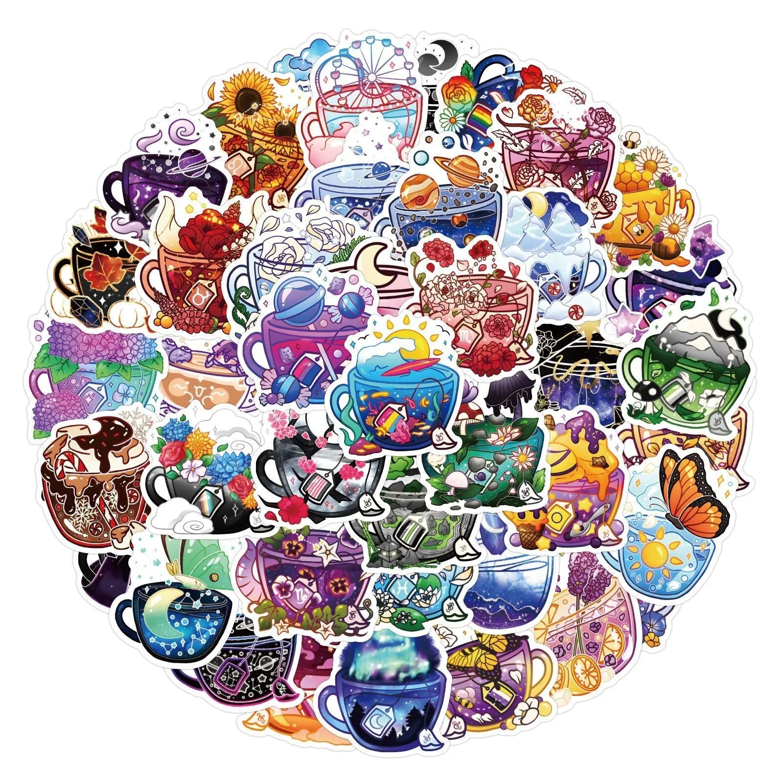 Pack of colourful tea cup graffiti design waterproof stickers for DIY scooter and luggage personalisation.
