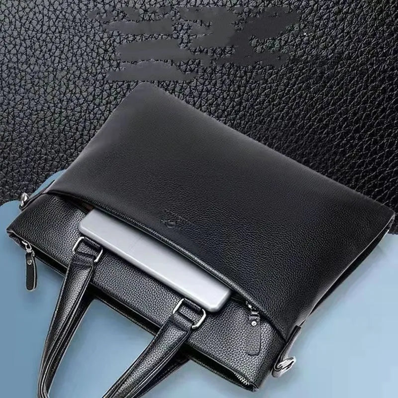 Black and brown PU leather men's messenger crossbody bag with splicing detail.