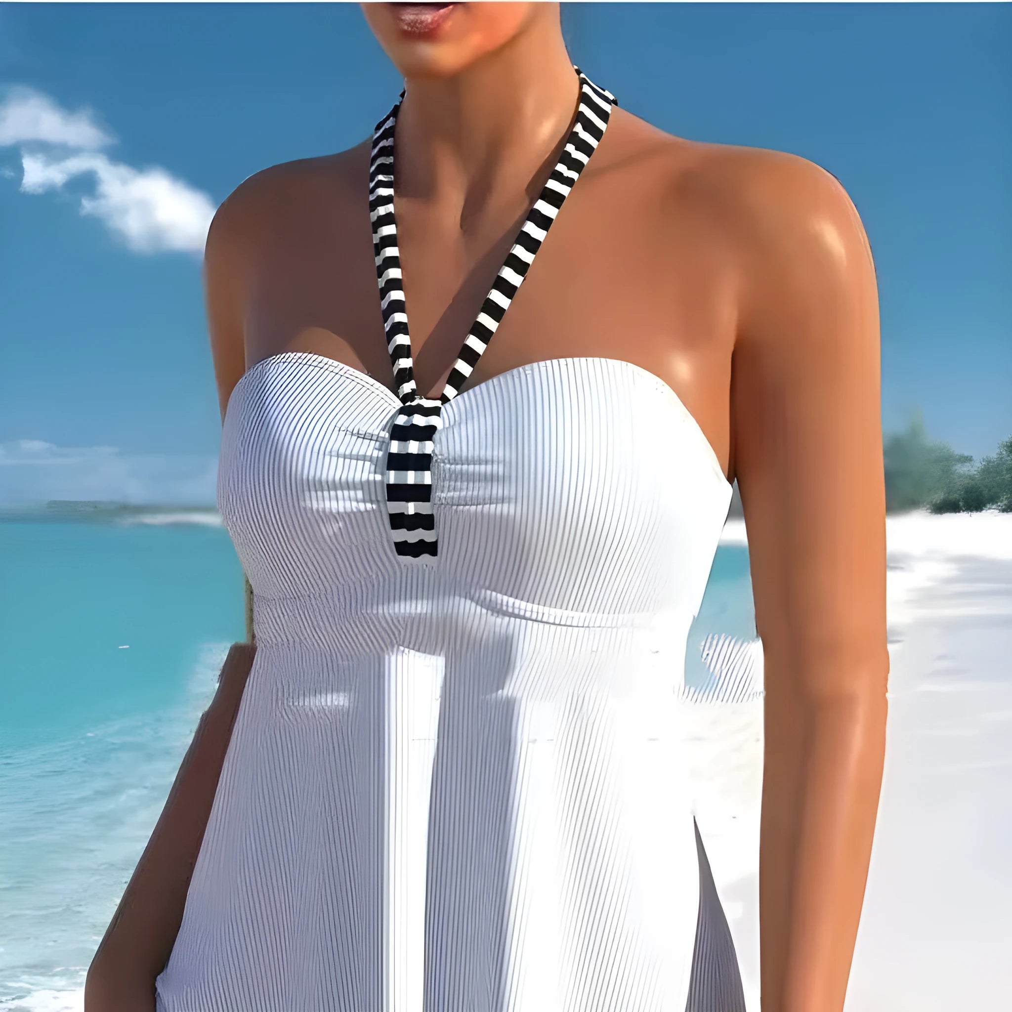 Women's black and white striped off-shoulder one-piece swimsuit on a mannequin.