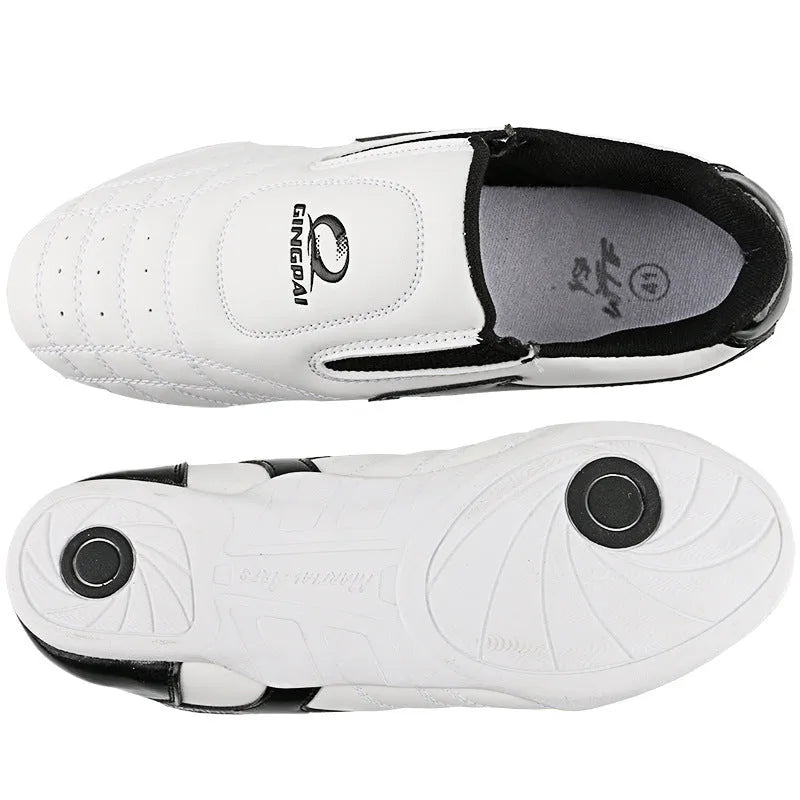Black and white children's professional martial arts training shoes with soft bottom design