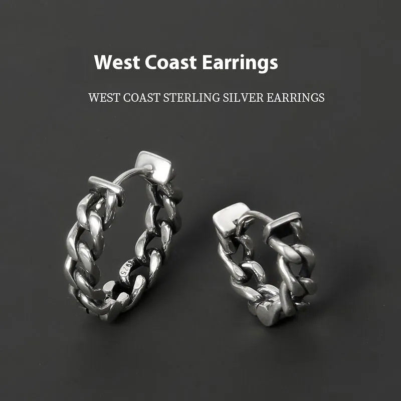 Men's silver geometric copper earrings showing 10mm and 14mm size options with auspicious cloud design