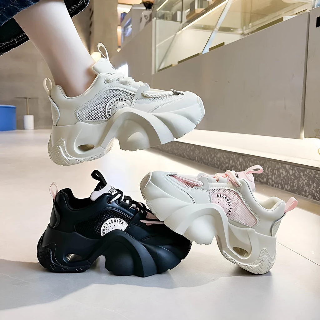 Women's casual thick bottom sneakers with cross strap detail and mid-heel in pink black or beige artificial PU
