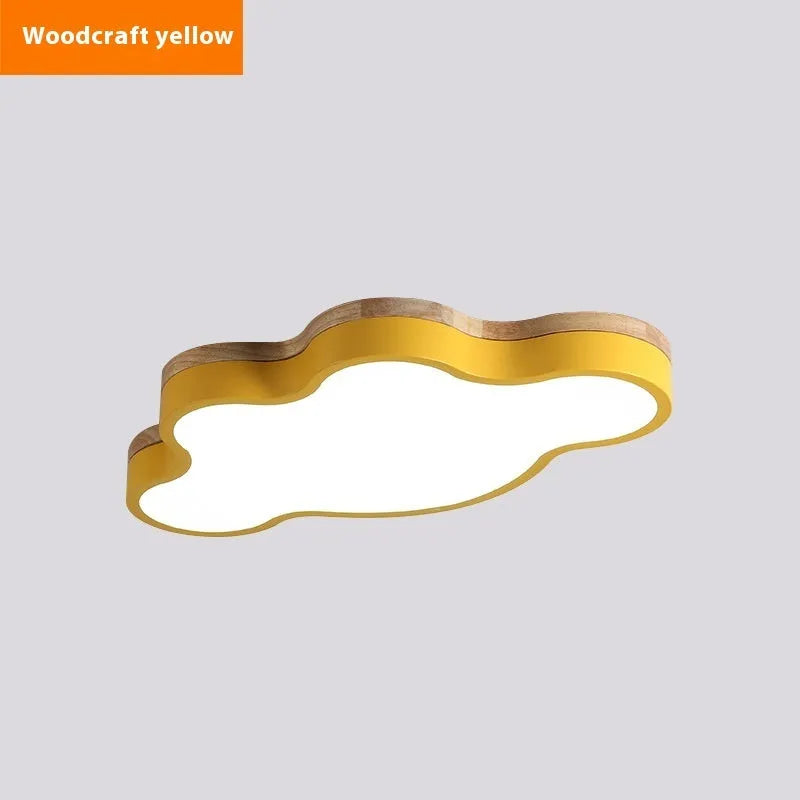 Cloud shaped wooden frame LED ceiling lamp showing four colour options and two size configurations