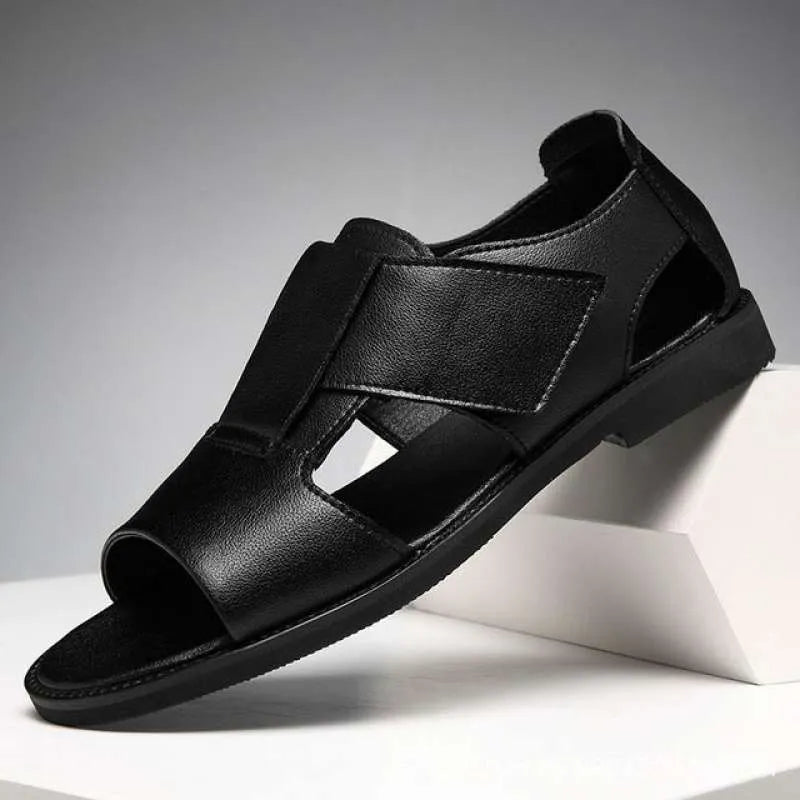 Men's black and brown cowhide leather casual sandals with open-toe design and rubber soles