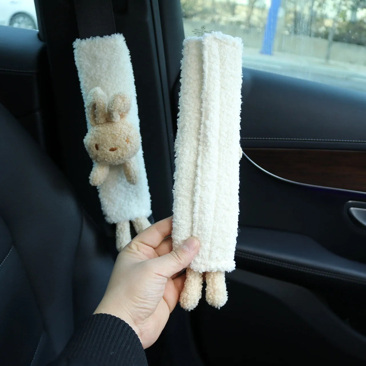 Cartoon plush car seatbelt shoulder protector in lamb wool, showing bear and rabbit design options.