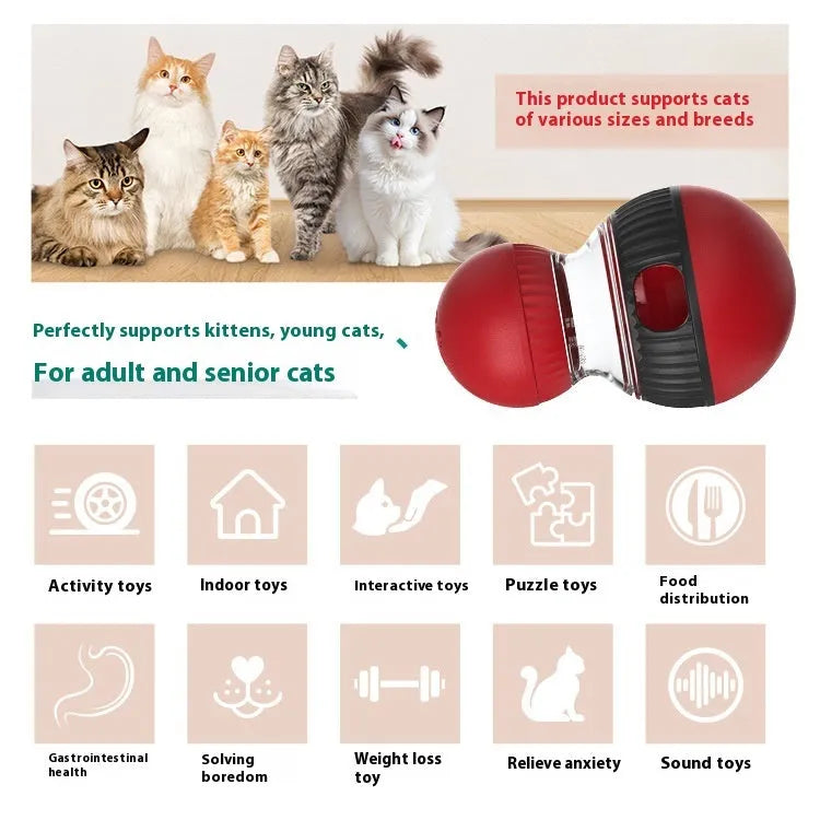 Rotating plastic cat toy with food dropping mechanism and sound effects