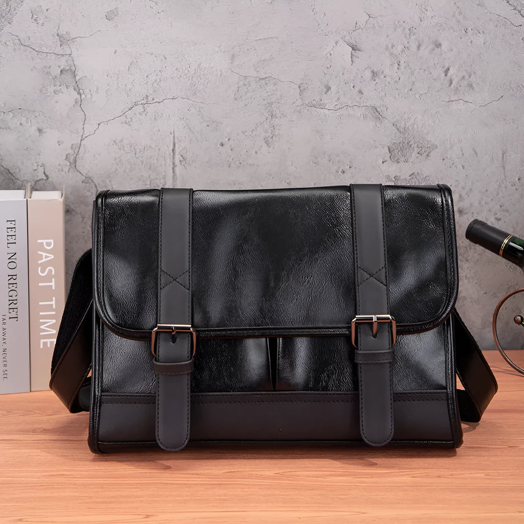 Black Korean-style anti-theft commuter backpack made from PU leather with contrast stitching