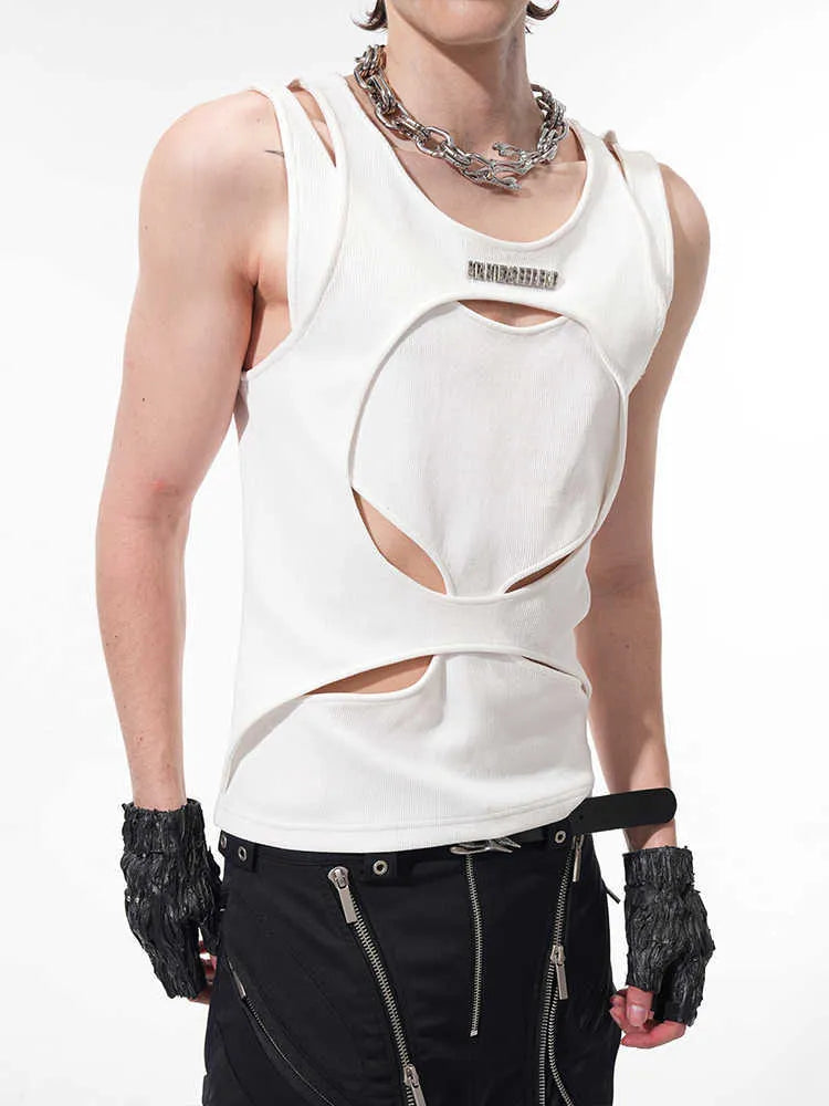 Men's black sleeveless waistcoat vest with hollow thread summer design