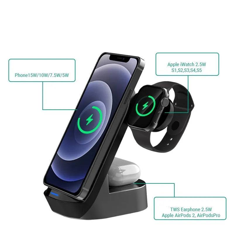 Black foldable 3-in-1 wireless charging stand showing phone, watch and earbuds case charging simultaneously.