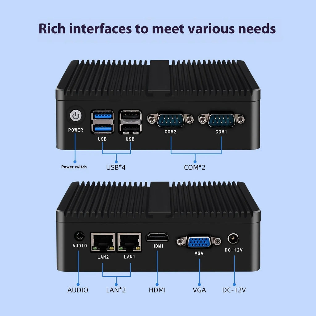 Industrial fanless mini-host computer measuring 13.6cm with dual network ports