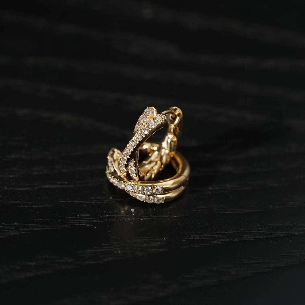 Cross double row twist earrings in 925 silver electroplated 18K gold with 5A zircon, 9mm inner diameter, 12mm outer diameter